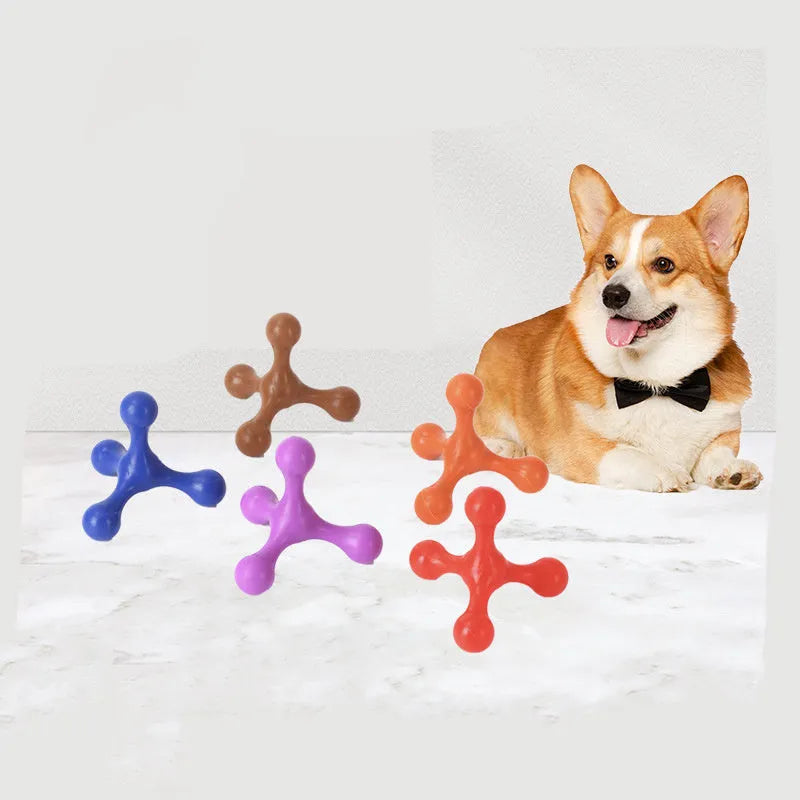 Blue three-legged silicone chew toy for small dogs on white background