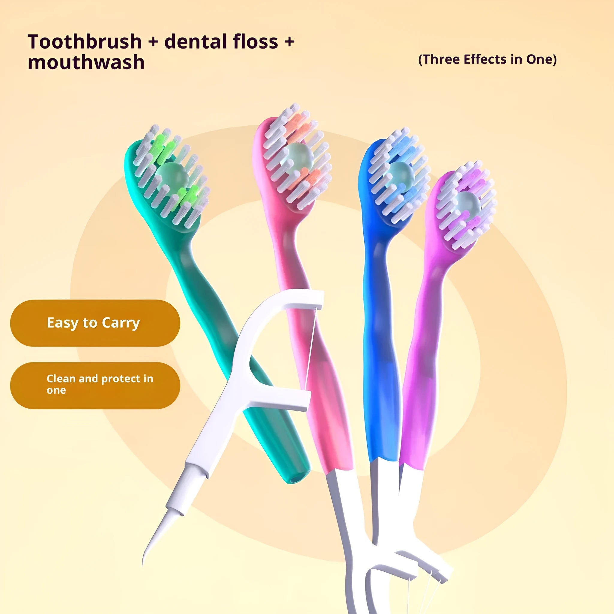 Disposable portable soft-bristle floss bead toothbrush in adult size with English packaging, 8-piece pack