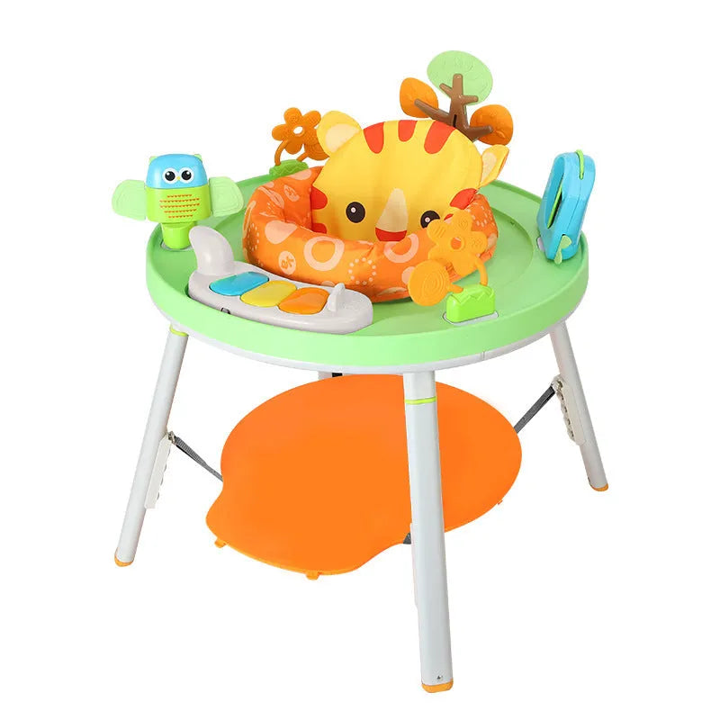 A white baby jumping chair activity centre with a bouncing seat, gymnastic rack, and toys in a duck or lion character design.