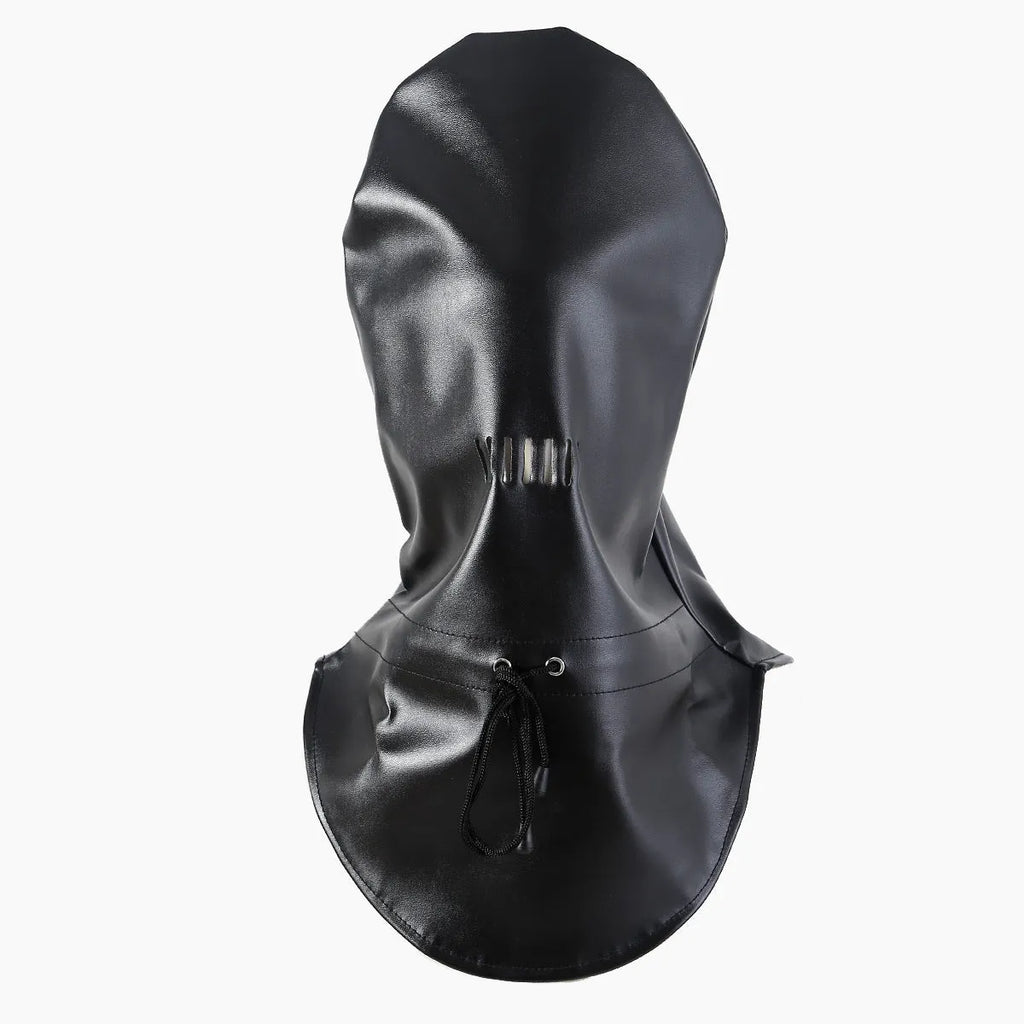 Black leather fetish mask with eyeholes and adjustable strap for BDSM training