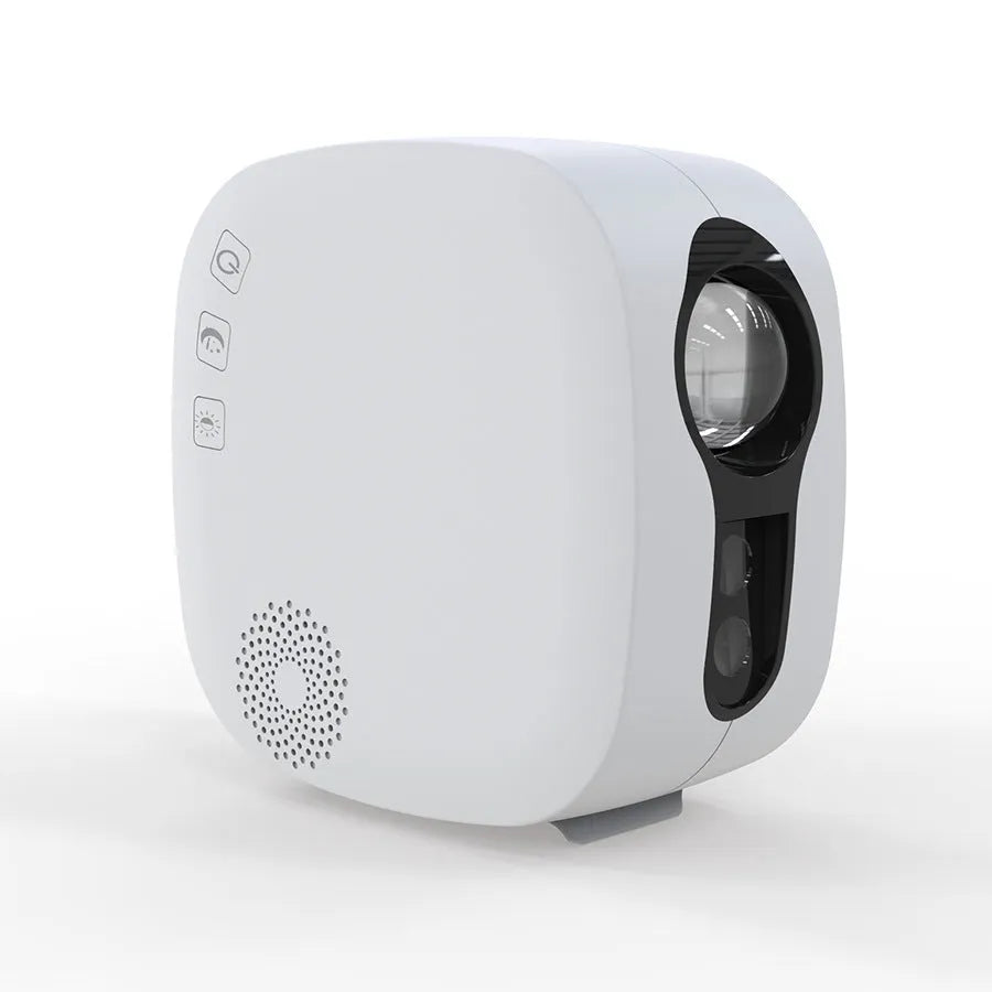 White modern minimalist laser star projector displaying nebula and moon projection on ceiling