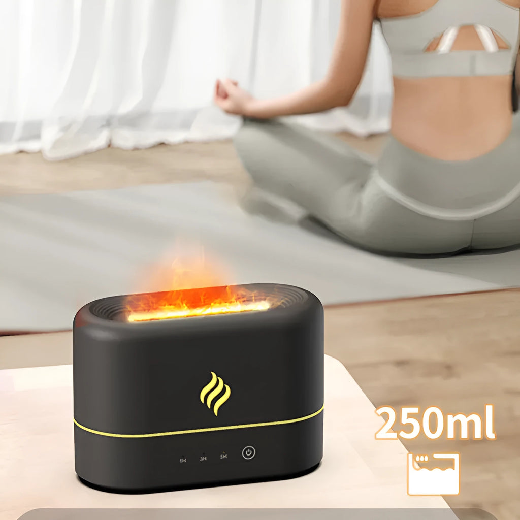 Black USB humidifier with seven-colour flame light effect on a desk.