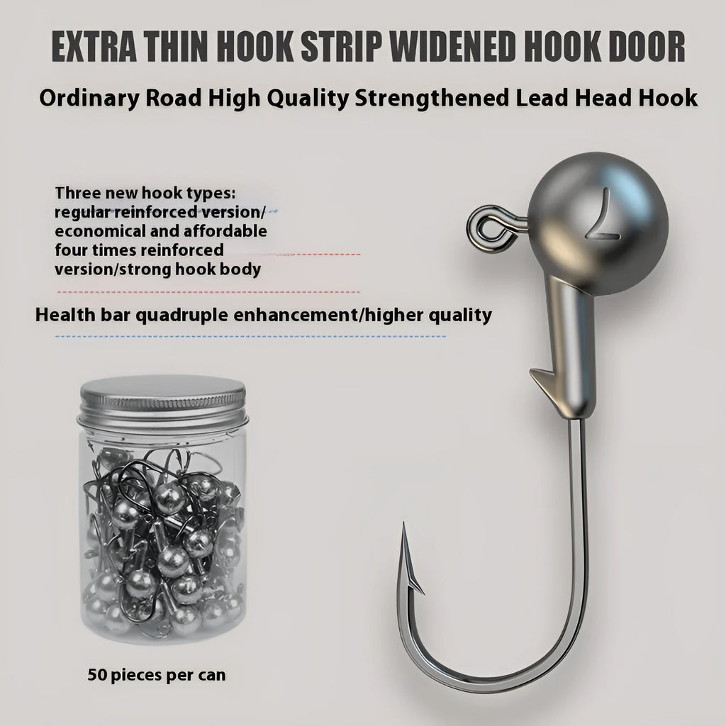 Pack of 50 enhanced jig fishing hooks with lead heads and blood trough design in 7G size