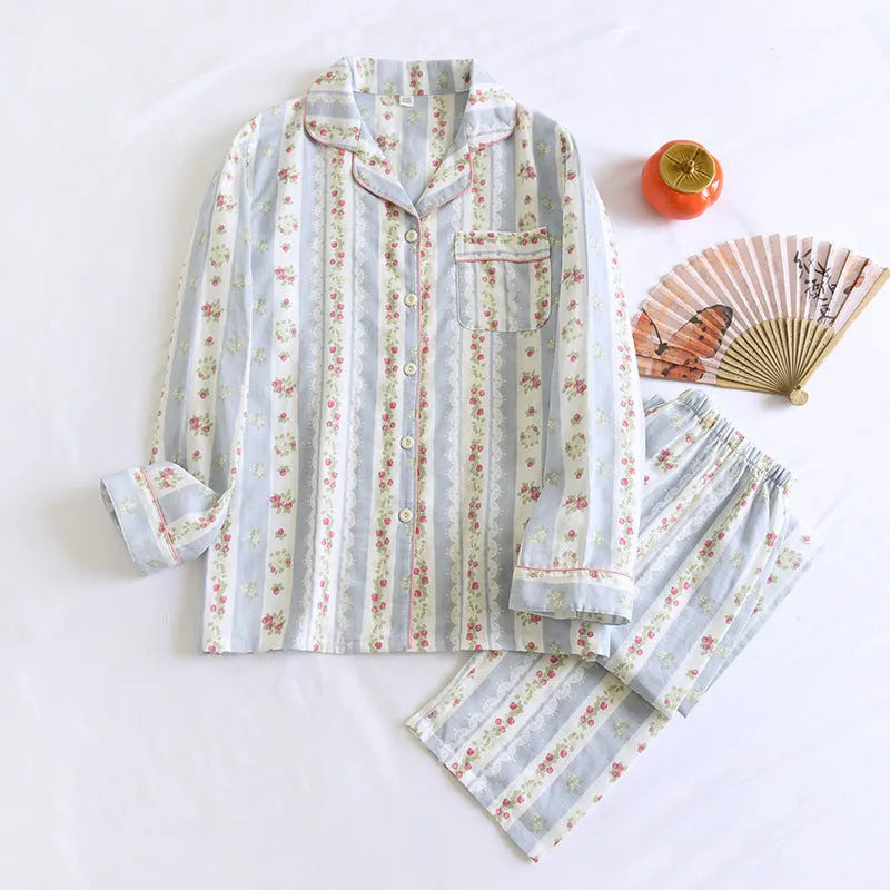 Ladies' cotton double-layer gauze long-sleeved top and trousers homewear set in a colour stripes pattern.