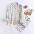 Ladies' cotton double-layer gauze long-sleeved top and trousers homewear set in a colour stripes pattern.