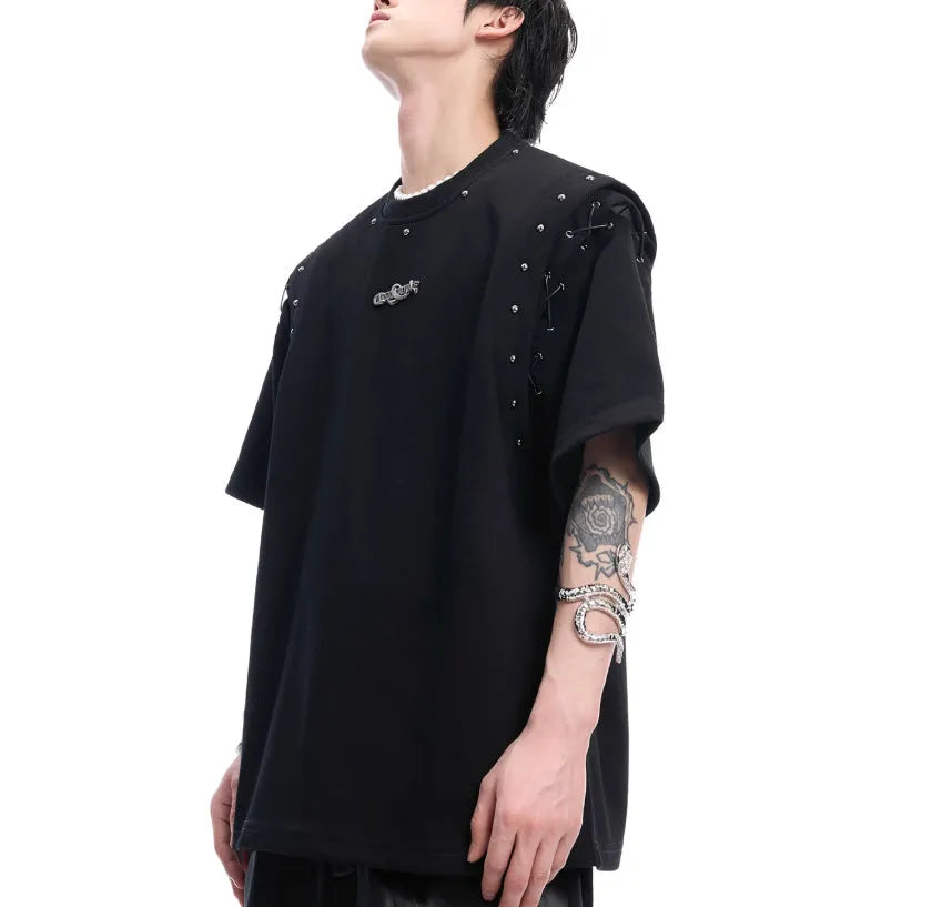 Deconstructed lace-up cutout short sleeve t-shirt in black or white, cotton-polyester blend