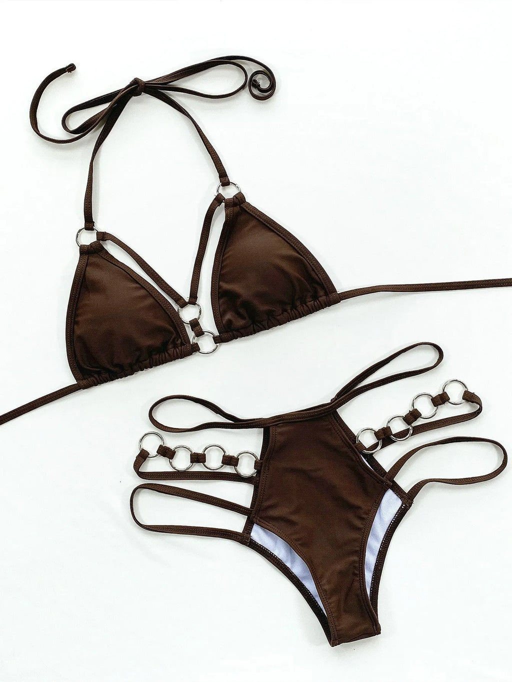 Women's pure colour nylon bikini set with shorts in red, black, brown, Rose Red, or sapphire blue.
