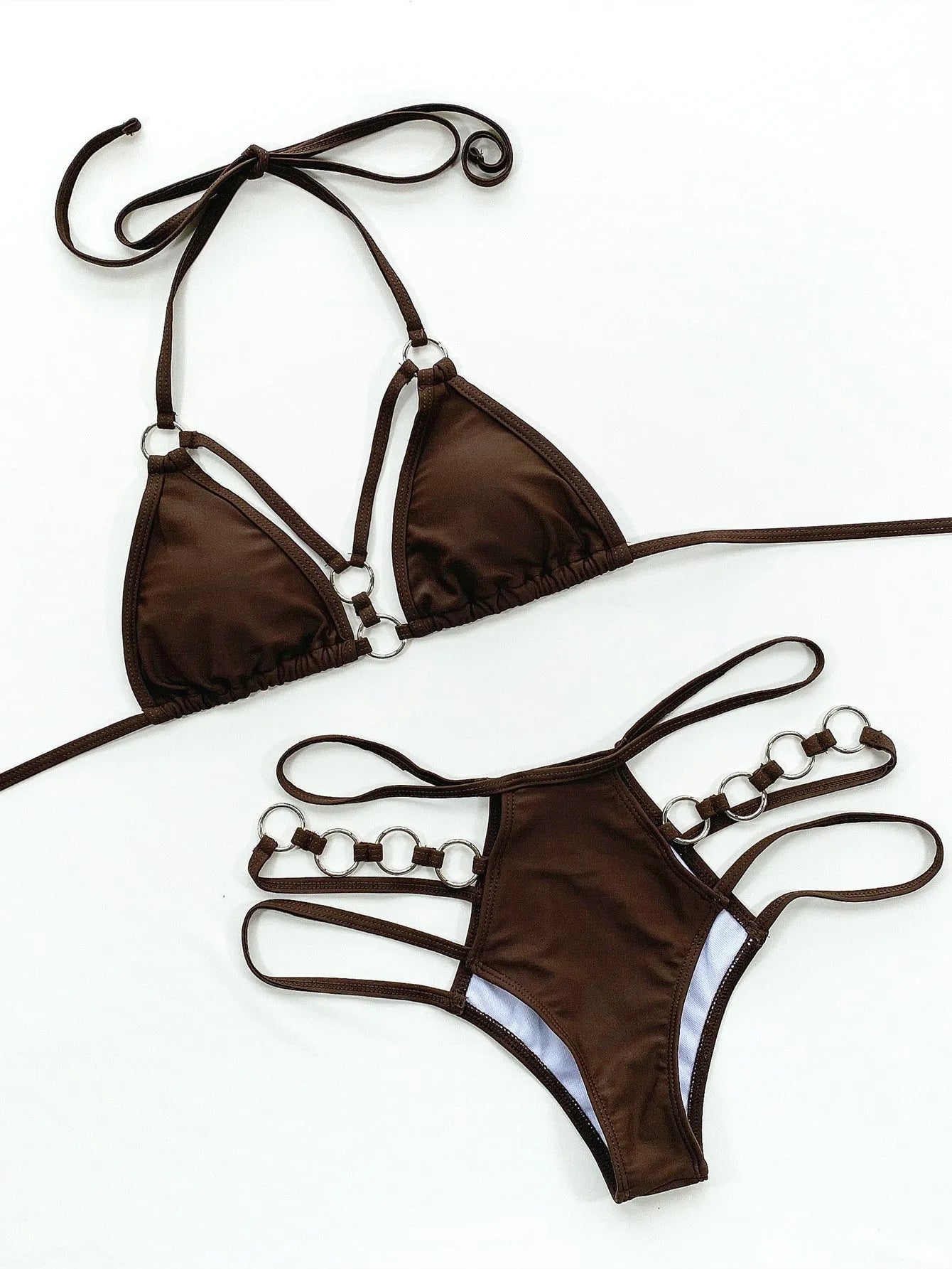 Women's pure colour nylon bikini set with shorts in red, black, brown, Rose Red, or sapphire blue.