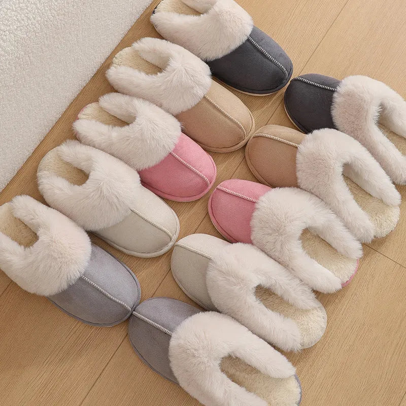 Women's brown plush indoor slippers with round toe, flat heel, and textured non-slip sole.