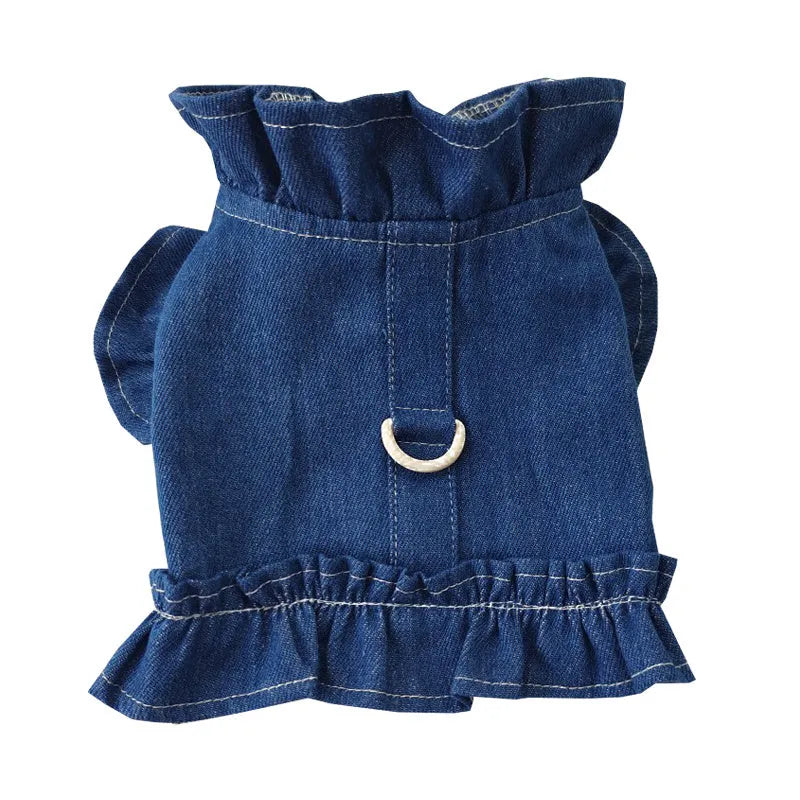 Blue denim pet dress with ruffled vest styling and leash hook for dogs or cats