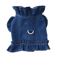 Blue denim pet dress with ruffled vest styling and leash hook for dogs or cats