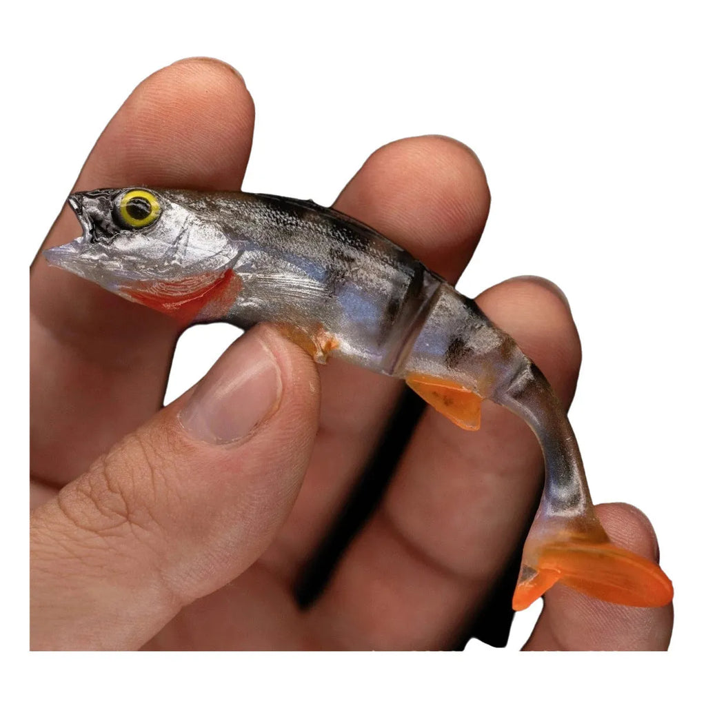 Soft plastic fishing lure in fish shape with T-tail and catfish scissors profile for sea fishing