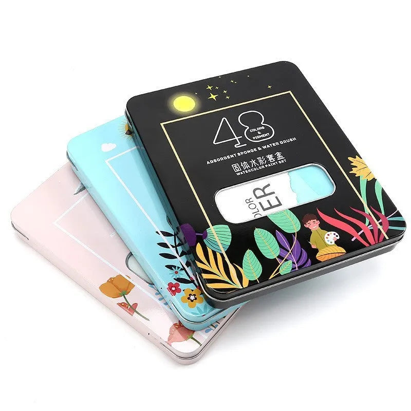 Solid watercolour paint set with 48 colours in metal storage boxes including Black Knight, Girl Pink and Sunshine Blue variations