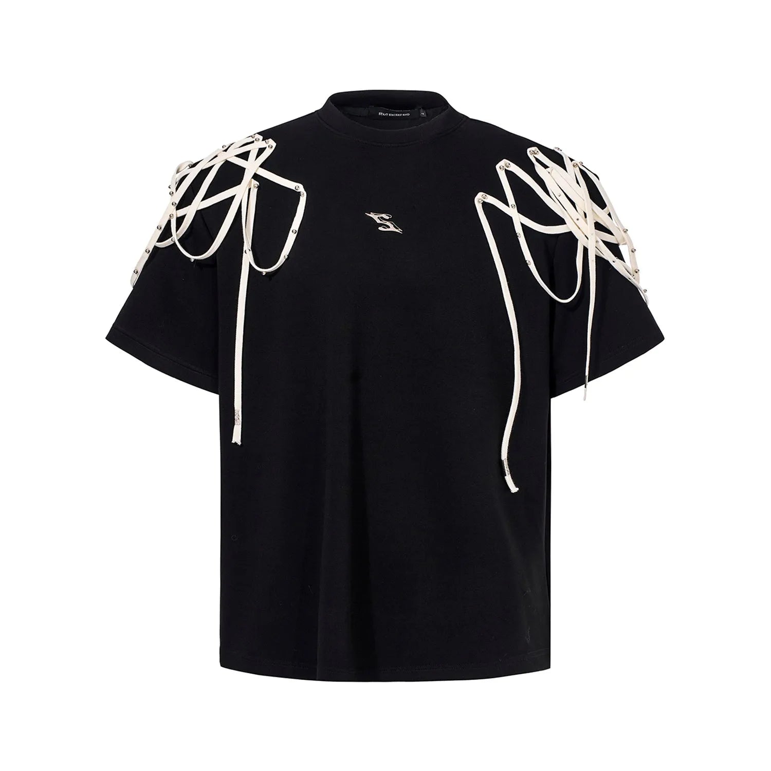 Black short-sleeved T-shirt with rivet ribbon padded shoulders and round neck in loose fit
