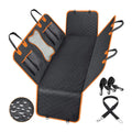 Black and orange waterproof dog car seat cover shown converted into a hammock on a rear car seat.