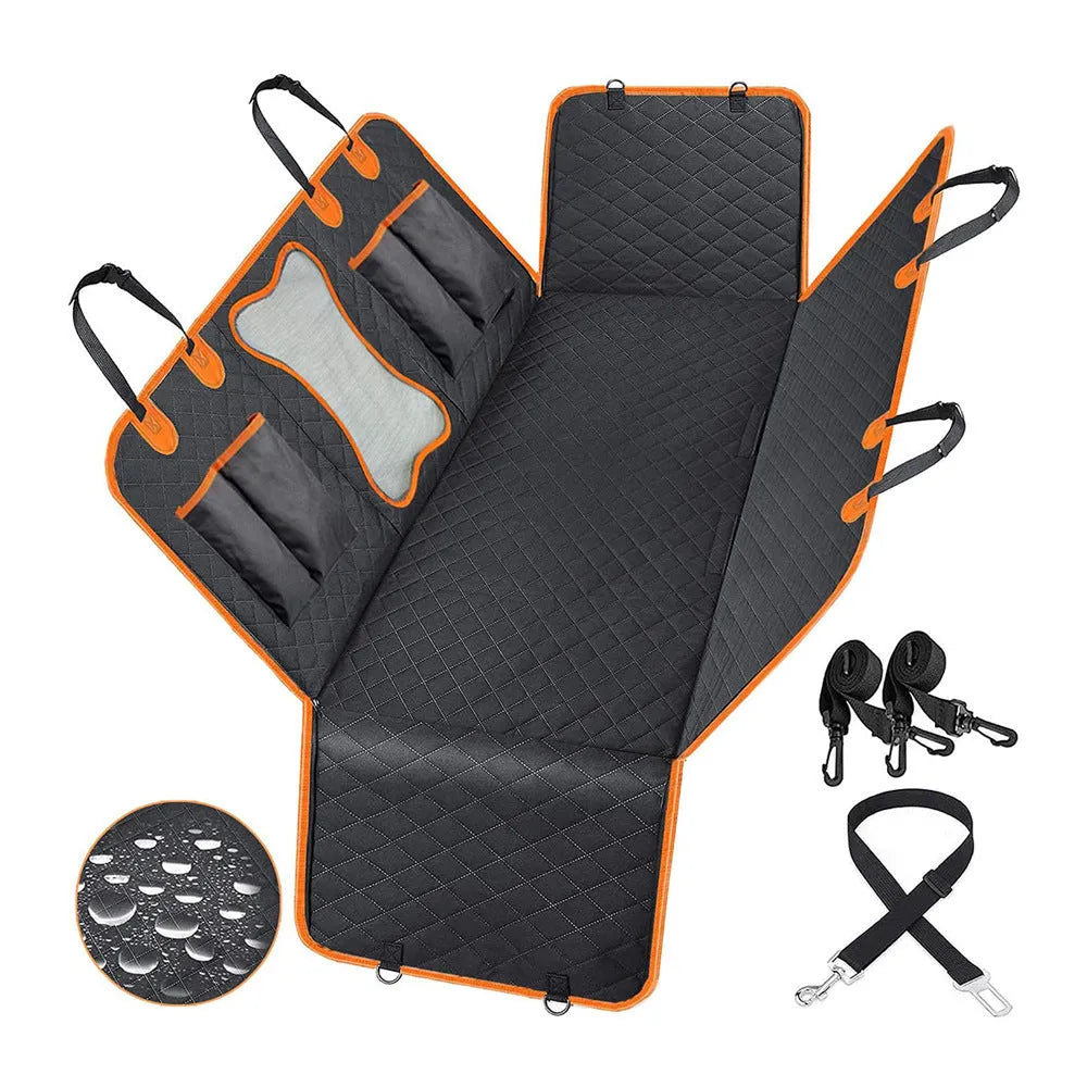 Black and orange waterproof dog car seat cover shown converted into a hammock on a rear car seat.