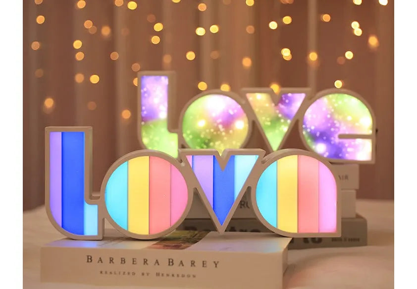LED LOVE Light with rainbow-coloured lampshade displaying LOVE word for romantic decoration