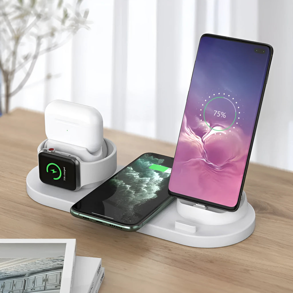Black 6-in-1 wireless charging station with phone holder charging iPhone, AirPods, and Apple Watch