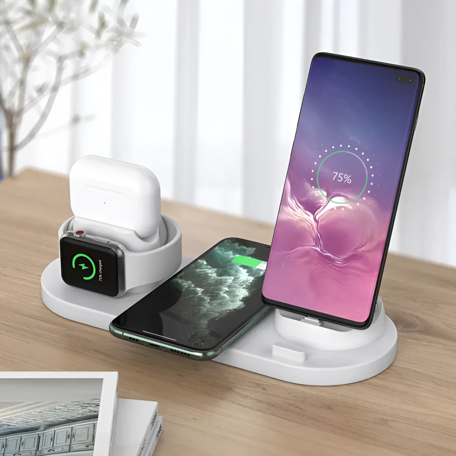Black 6-in-1 wireless charging station with phone holder charging iPhone, AirPods, and Apple Watch