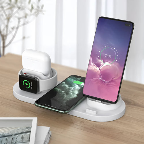 Black 6-in-1 wireless charging station with phone holder charging iPhone, AirPods, and Apple Watch