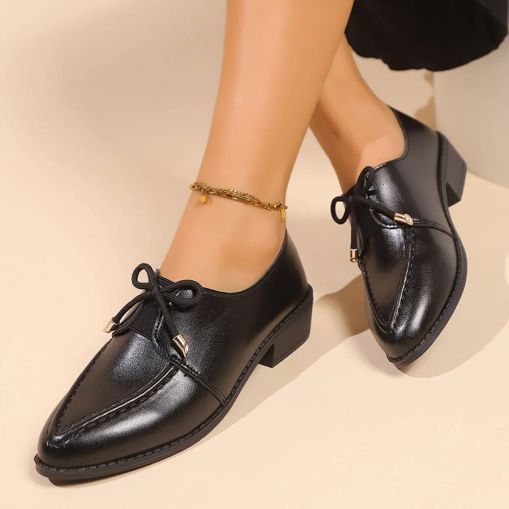 Women's simple brown leather-style loafers with a choice of big bow or small bowknot decoration.