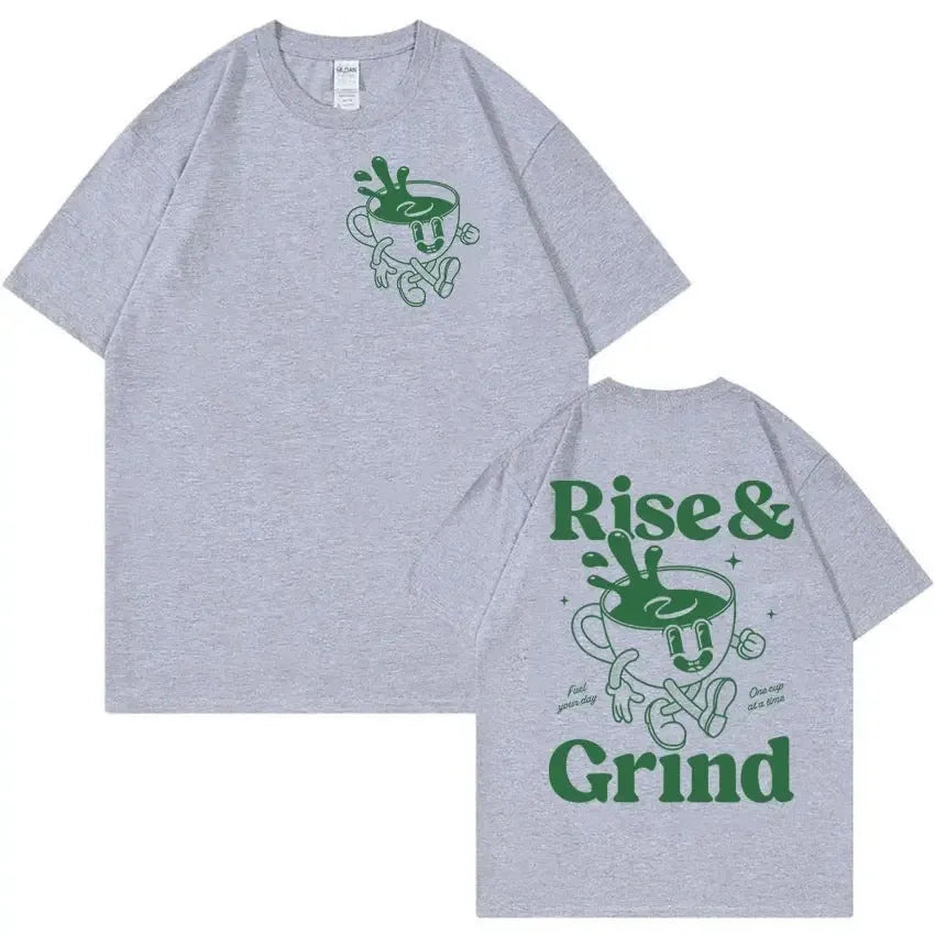 Loose fit linen T-shirt with green coffee bag cartoon print in multiple colour options