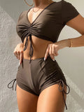Women's lace-up front bow swimsuit with shorts in multiple colour options