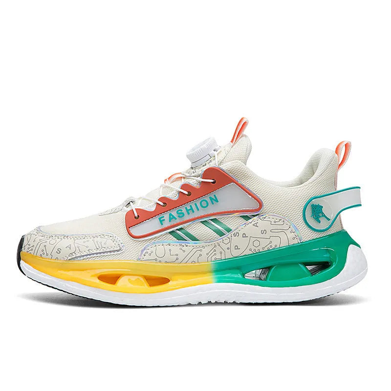 Men's low-top mesh running shoes with elastic band design in black, beige orange, or white grey colours