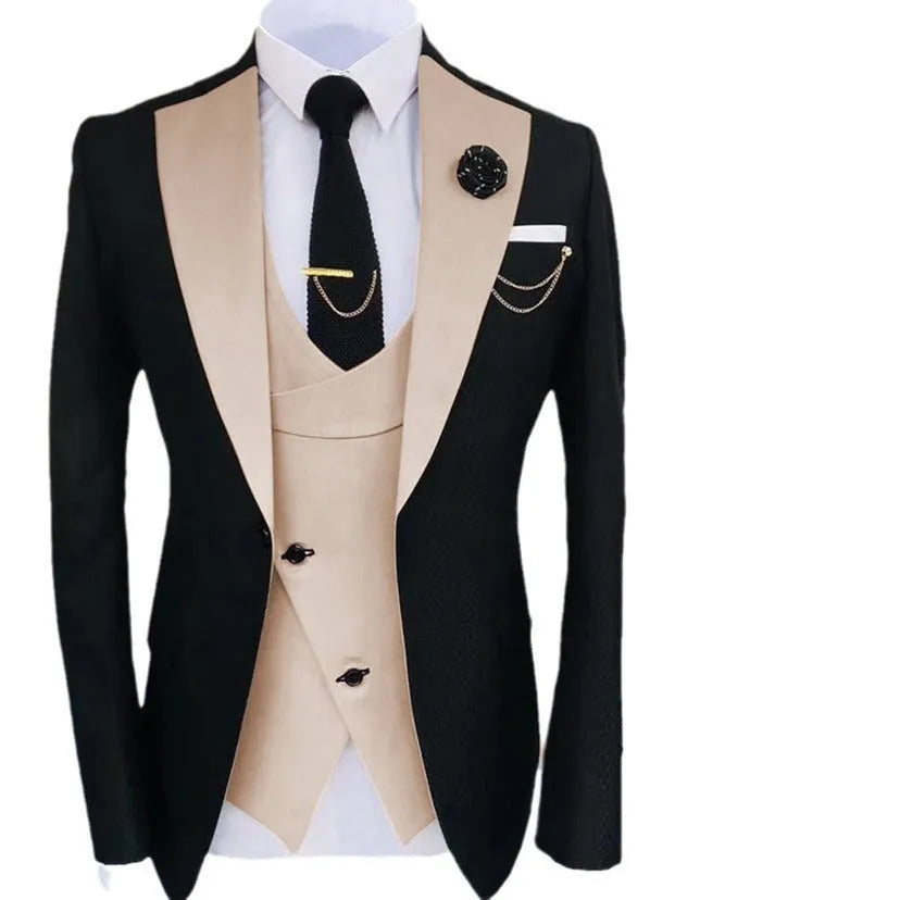 Men's slim fit three-piece business suit with coat, vest, and trousers in cotton fabric.
