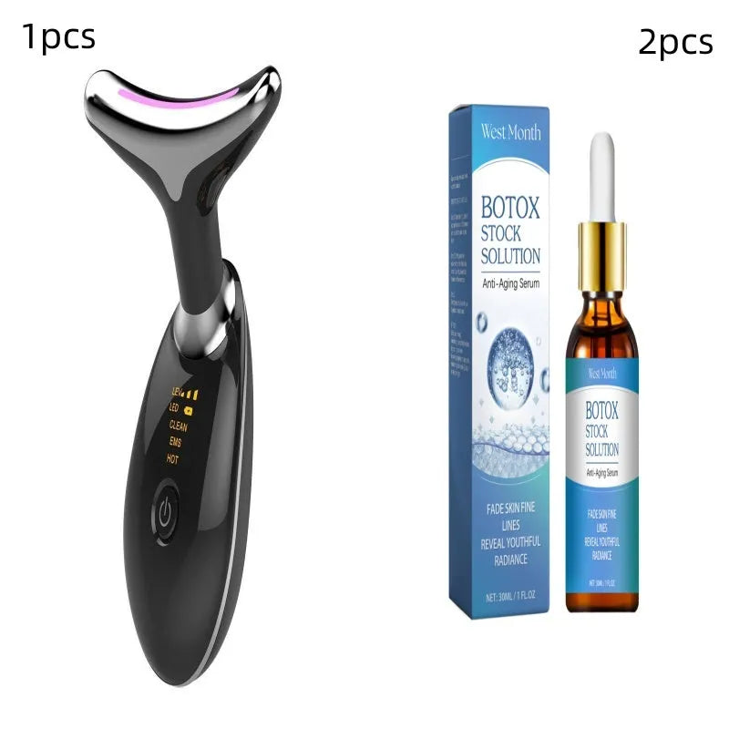 White EMS thermal neck massager device with LED lights on a stand next to USB cable.