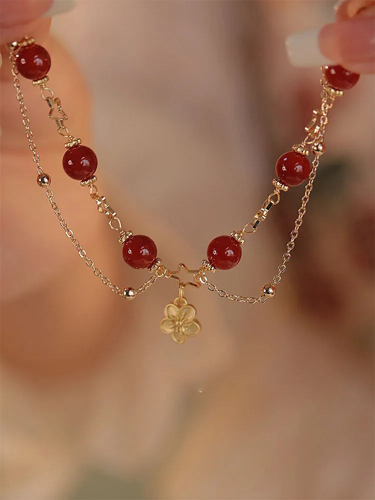Natural red agate double layer bracelet with peach blossom decorations