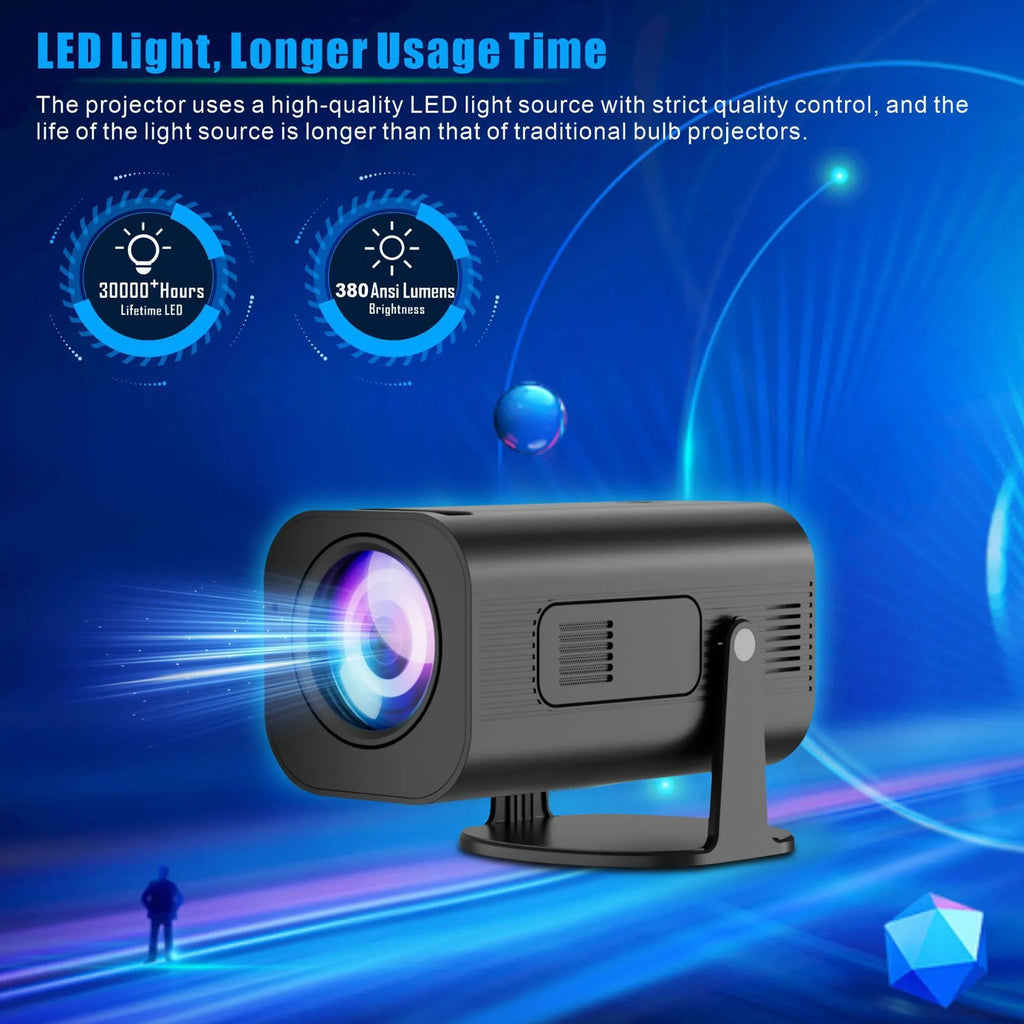 Black P330 portable mini projector with remote control on table displaying movie projection