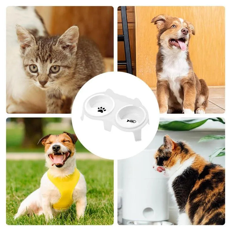 Blue ceramic pet bowl set elevated on a stand with a storage hook, showing food and water bowls.