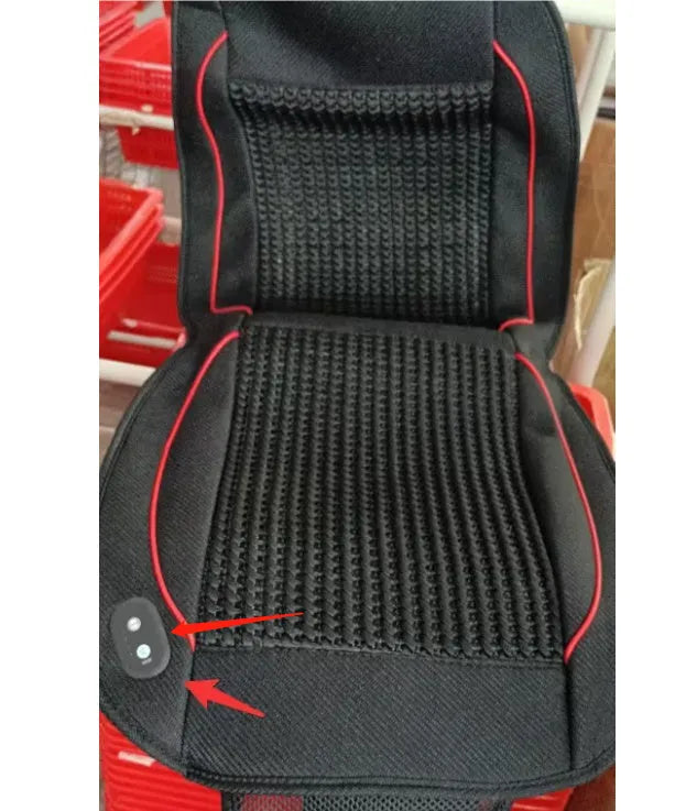 Square black car ventilation seat cushion with massage function measuring 60cm x 60cm