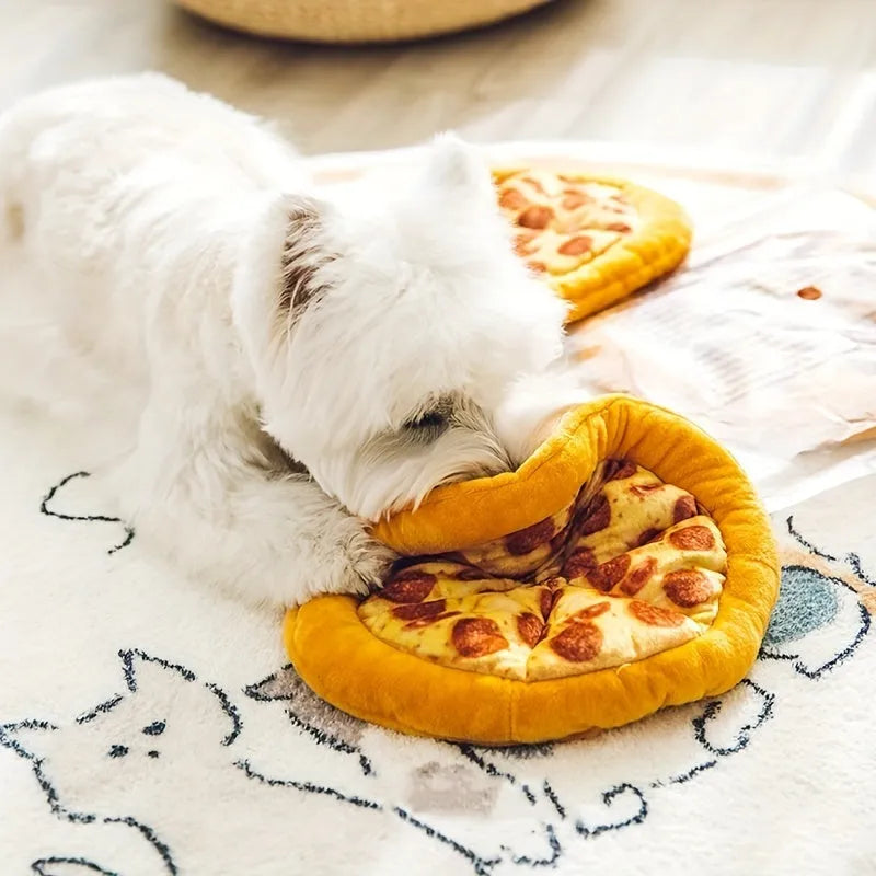 Yellow teddy toy pizza dog chewing toy with grinding teeth and squeaky features