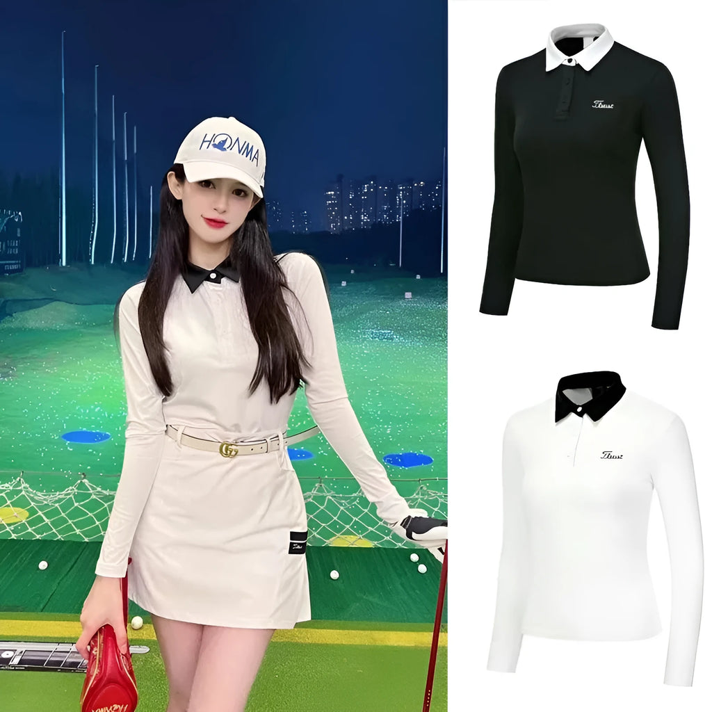 Women's white long sleeve golf top with slim fit for outdoor sun protection