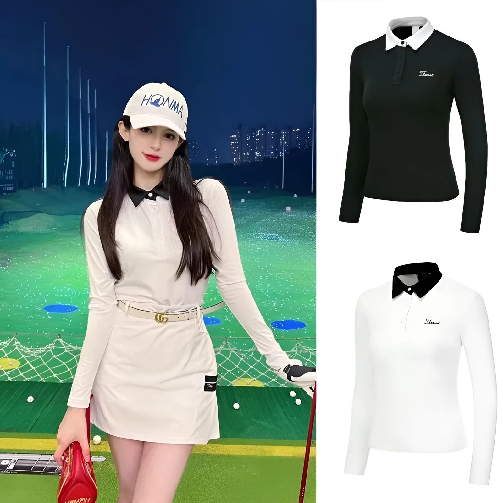 Women's white long sleeve golf top with slim fit for outdoor sun protection