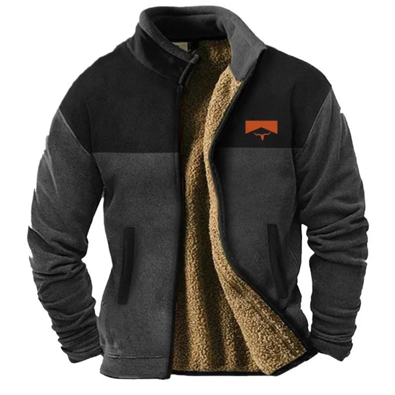 Men's green polyester fleece padded coat shown on a hanger, regular length.