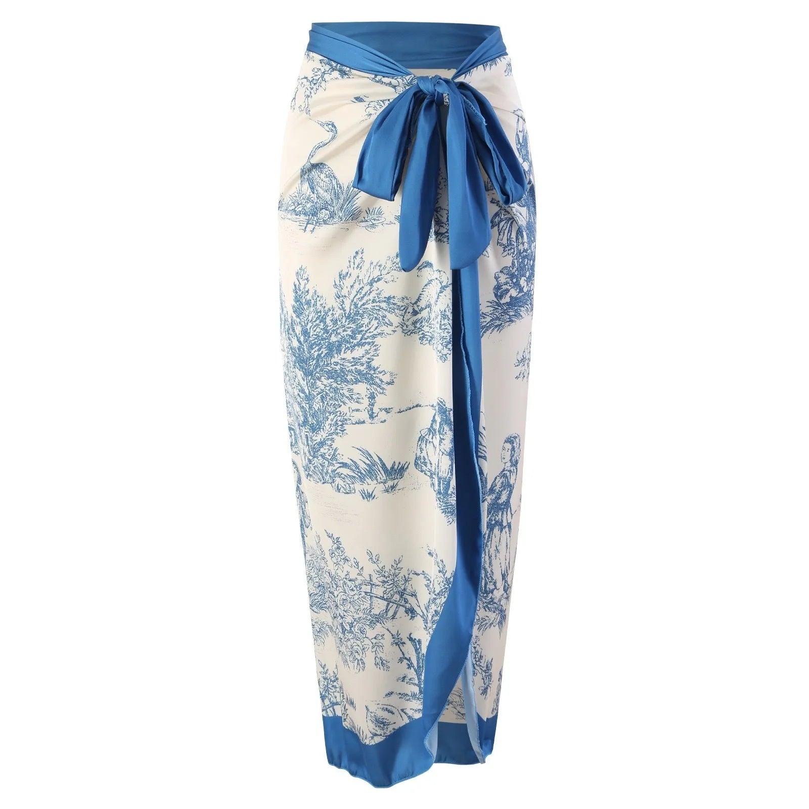Blue women's one-piece swimsuit with a matching separate gauze skirt laid flat.