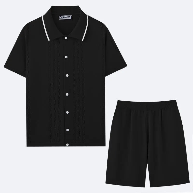 Khaki coloured short sleeve sweater top and matching shorts from a business casual two-piece set.
