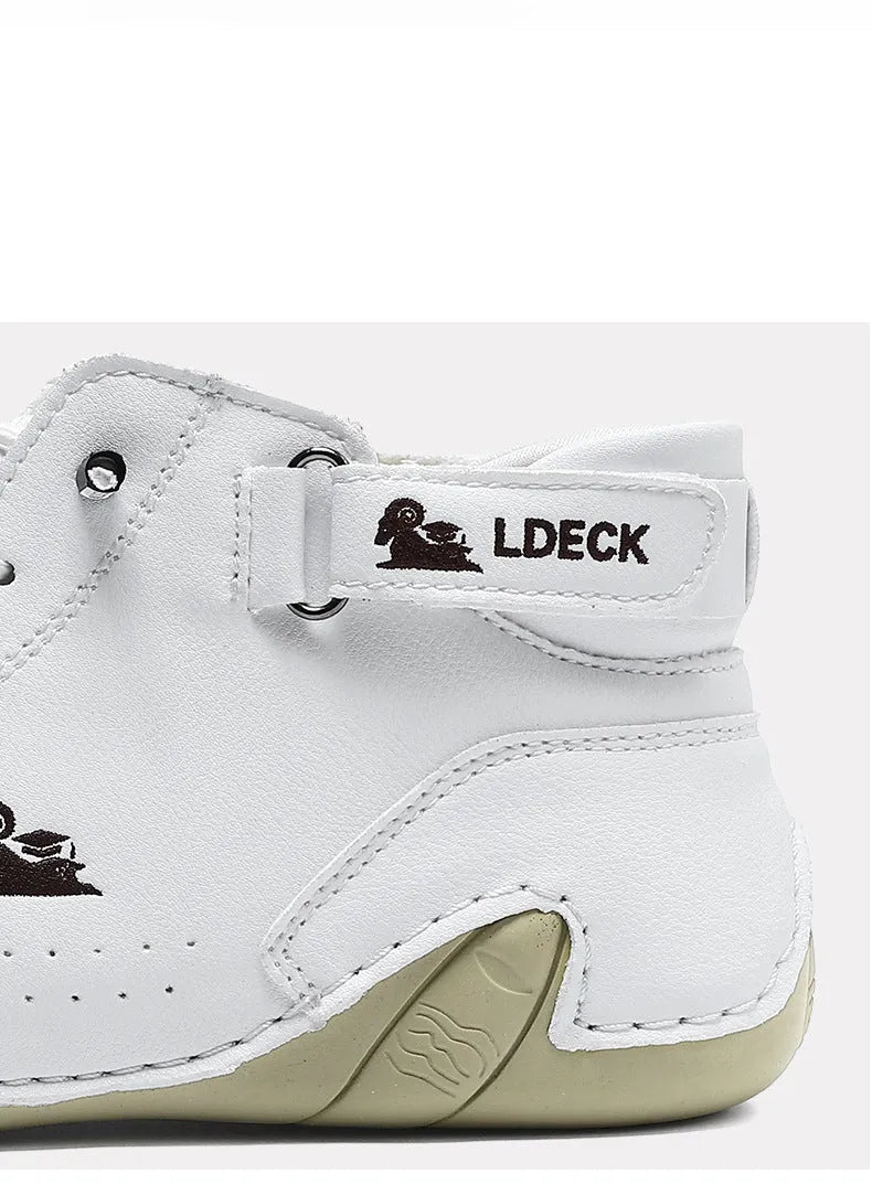 Men's khaki high top Octopus shoes with round toe and rubber sole on a white background.