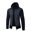 Men's grey hooded corduroy sweater coat with a cinched front, shown on a model.
