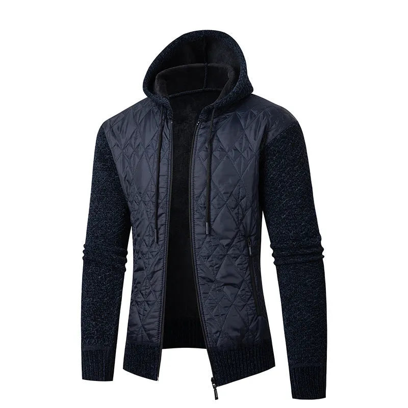 Men's grey hooded corduroy sweater coat with a cinched front, shown on a model.