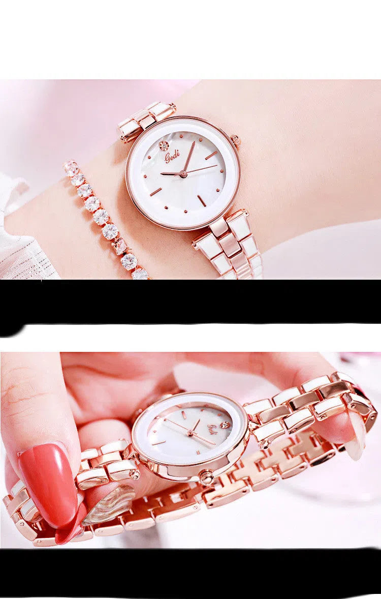Round white dial ladies quartz watch with stainless steel strap and rose gold accents