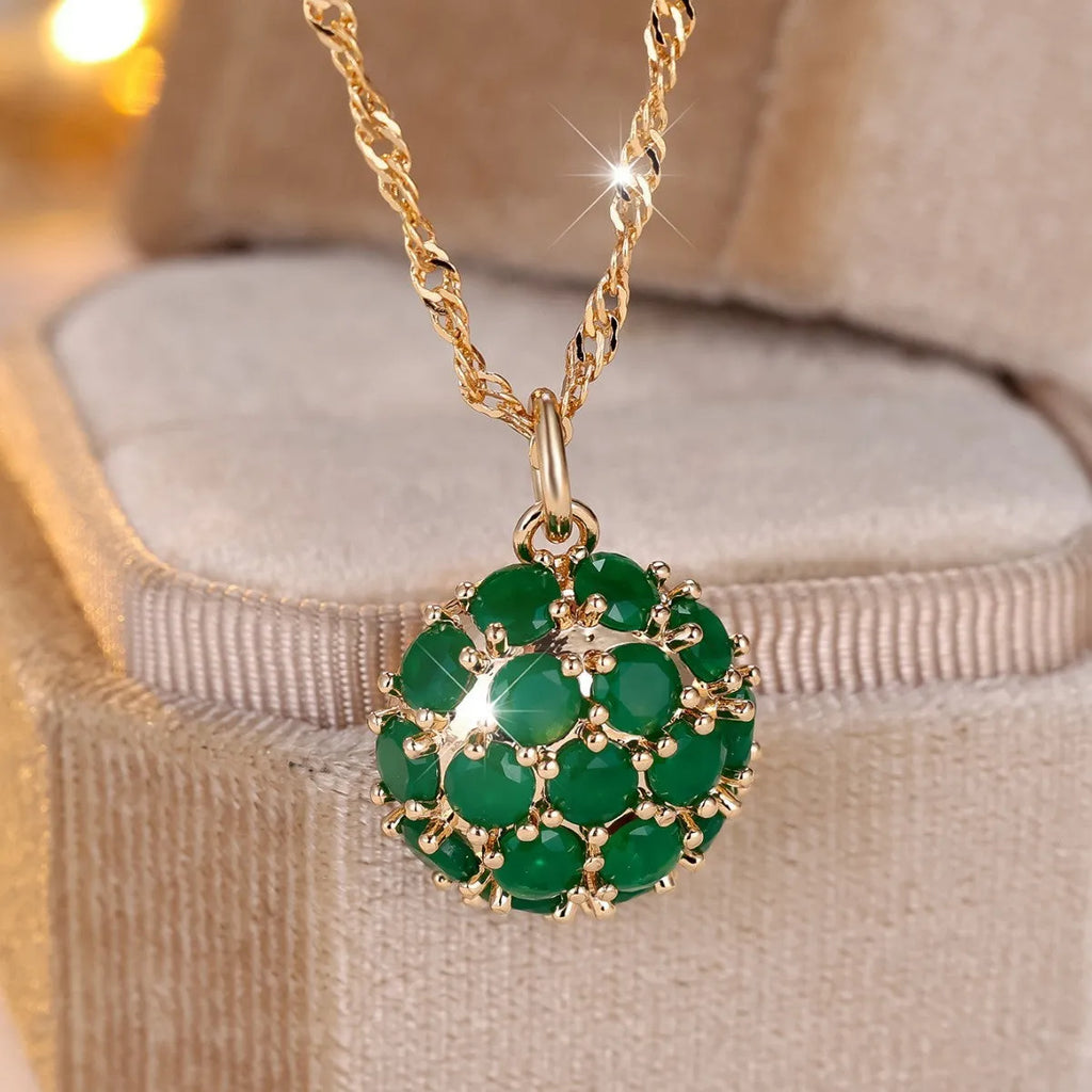 Round emerald and diamond necklace with champagne gold chain 51-60cm length
