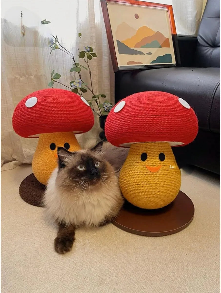 Mushroom-shaped foldable cardboard cat scratcher with accordion design on a carpet.