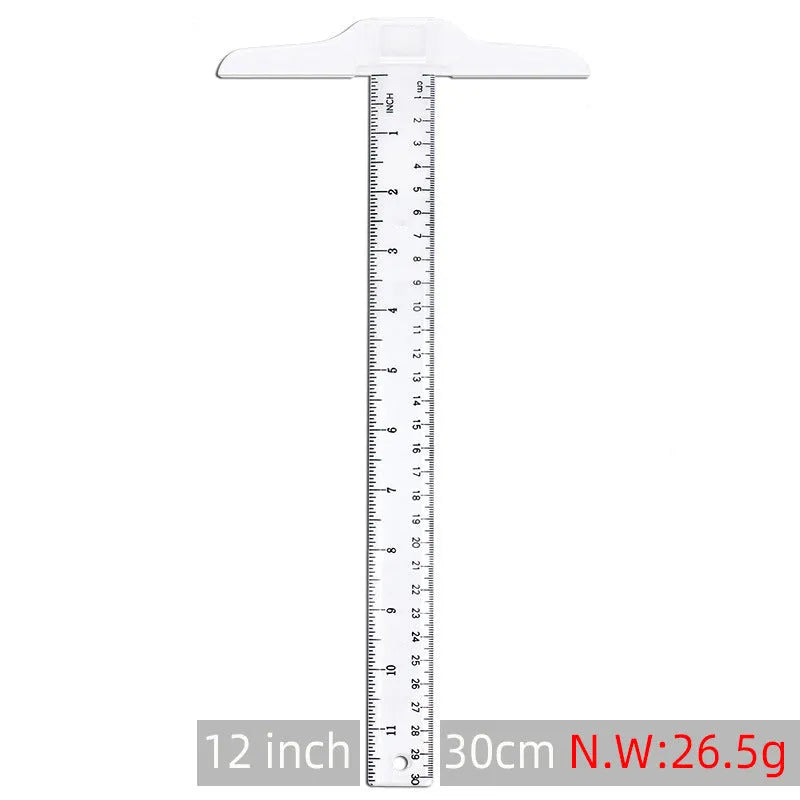 Transparent and orange plastic T-square rulers with British and dual centimetre scales for student design
