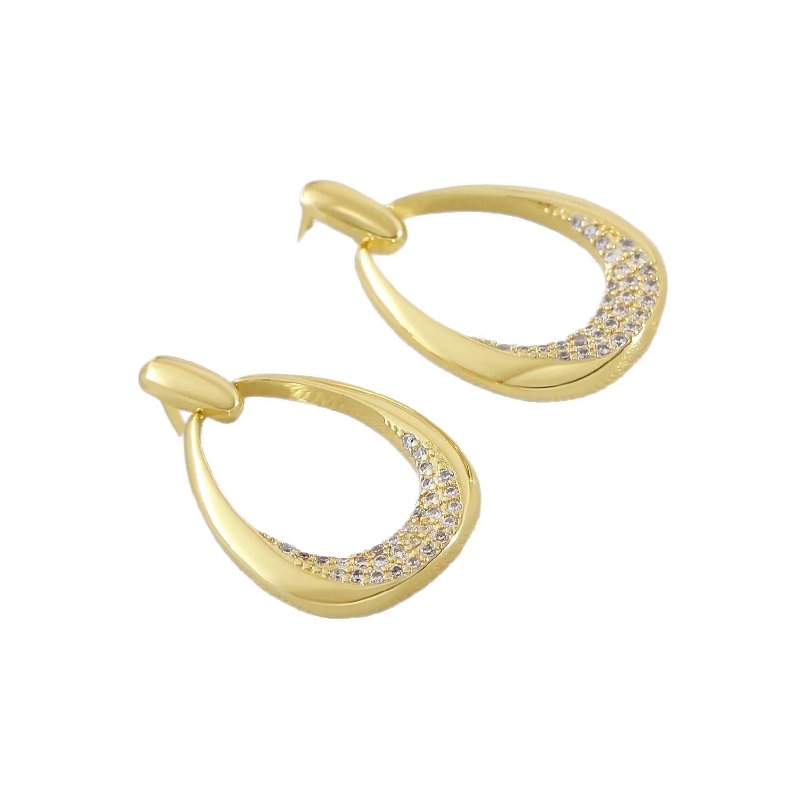 Yellow gold coloured geometric drop earrings for women, showing oval ring design.