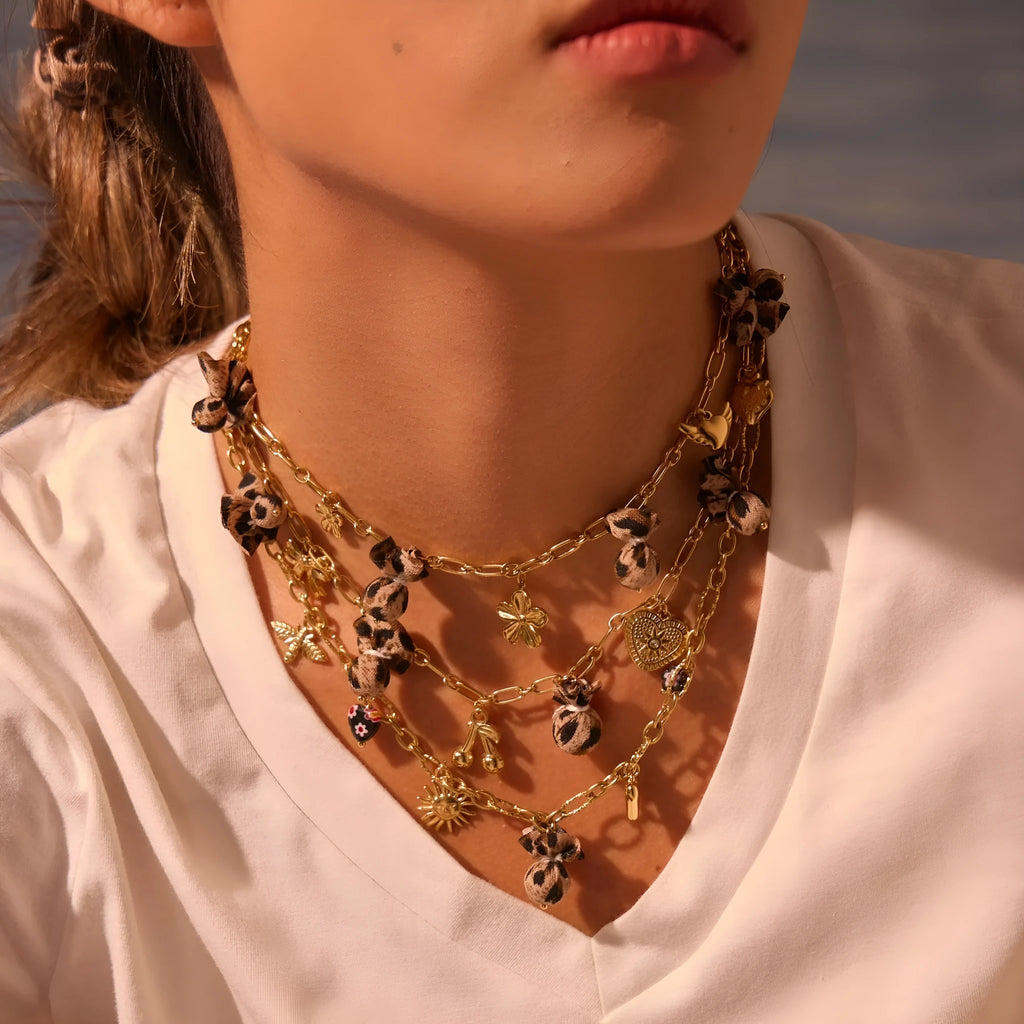 Geometric leopard pendant necklace with love hearts and flowers on adjustable stainless steel chain