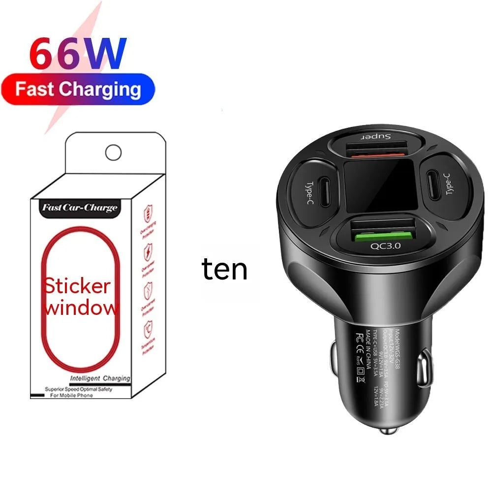 Black 66W car charger with digital display, two USB ports and two Type-C ports